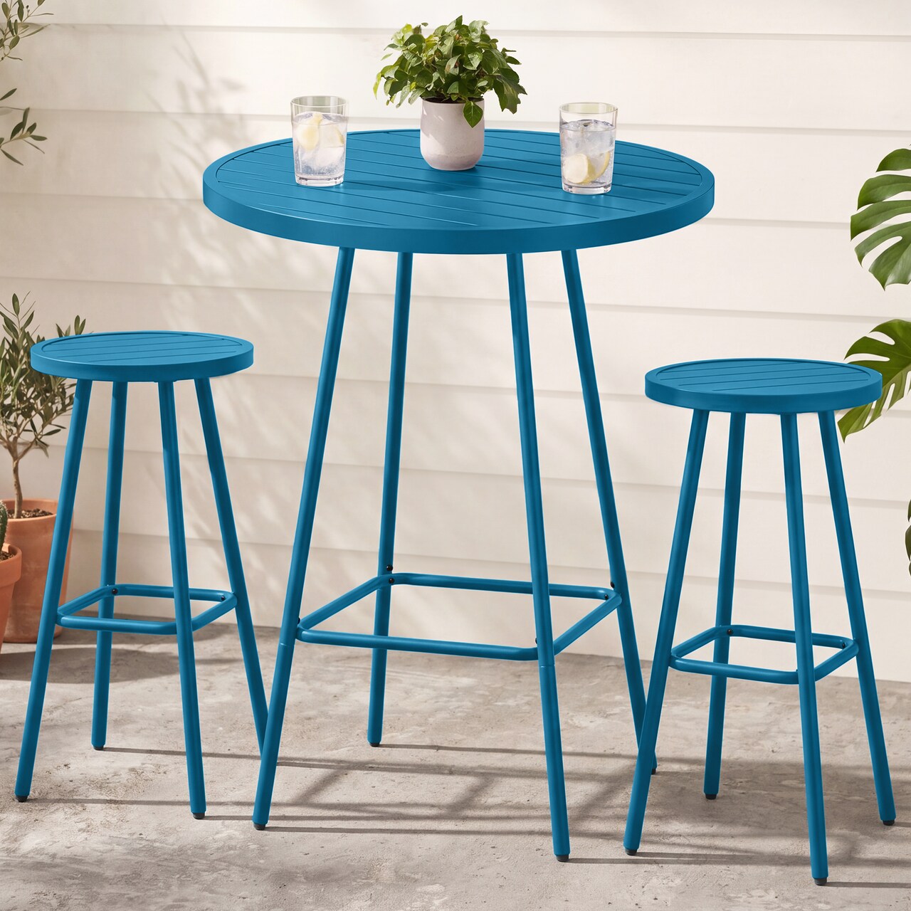 Best Choice Products 3-Piece Steel Patio Bar Height Round Bistro Set w/ Backless Stools, Slatted Design